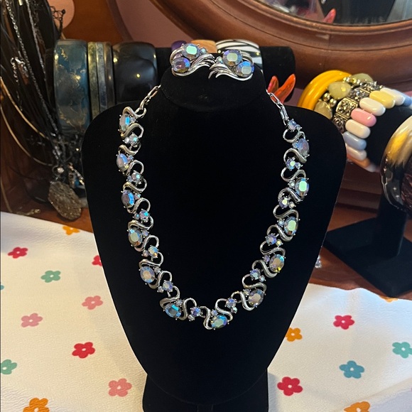 Coro Jewelry - HOLD Vintage Coro Blue AB Rhinestone Necklace and Clip on Earrings